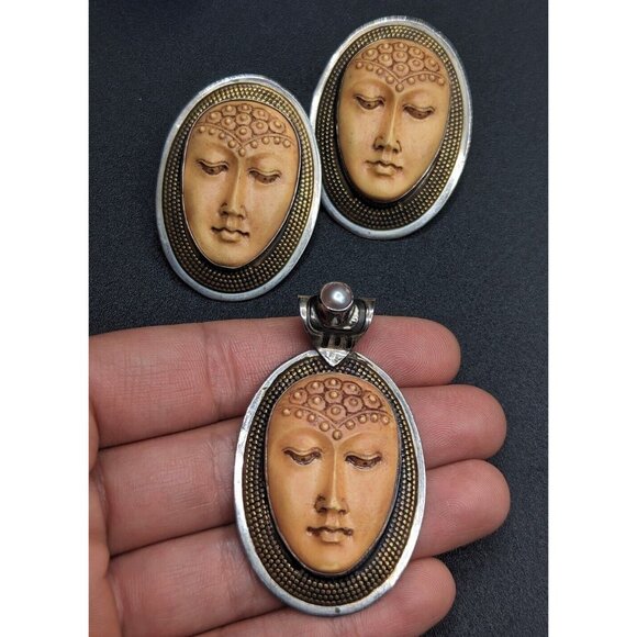 Tabra Guan Yin Buddha Goddess Resin Face Sterling Silver Earrings Pendant Set - Picture 3 of 16